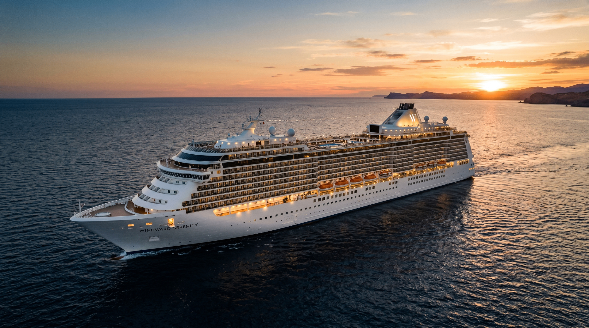 Luxuriöses Kreuzfahrtschiff im Mittelmeerhafen bei Sonnenuntergang